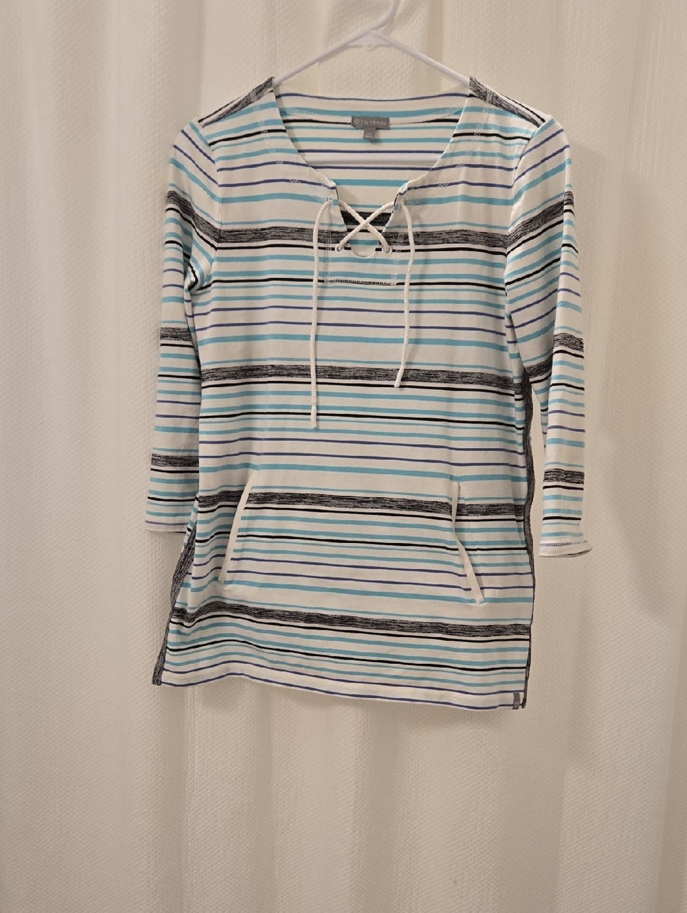 T by Talbots Striped Top in Aqua, Black & White